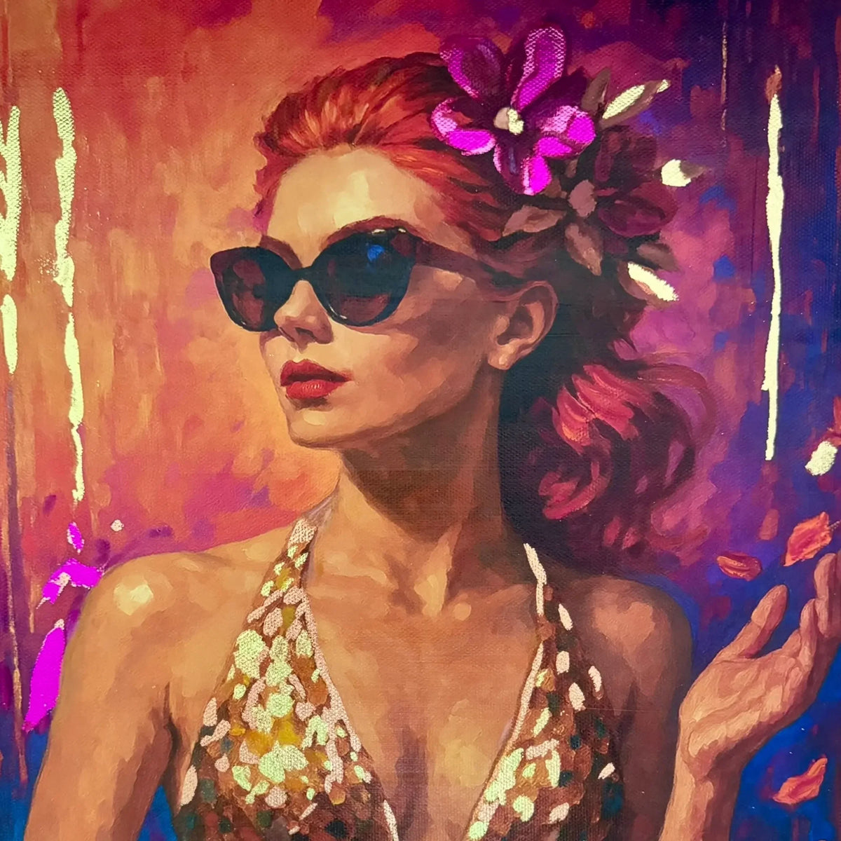 Luxury portrait painting of a glamorous woman wearing sunglasses and a floral headpiece, painted in vibrant pink and orange tones with luminous gold-leaf accents. Ready-to-ship original artwork by Luxe Wall Art by Lisa.