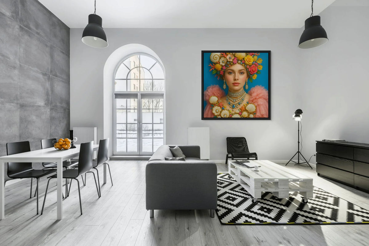 Fine art print “Coral Sonata” displayed in a modern living room, featuring a floral-crowned woman in a black frame.
