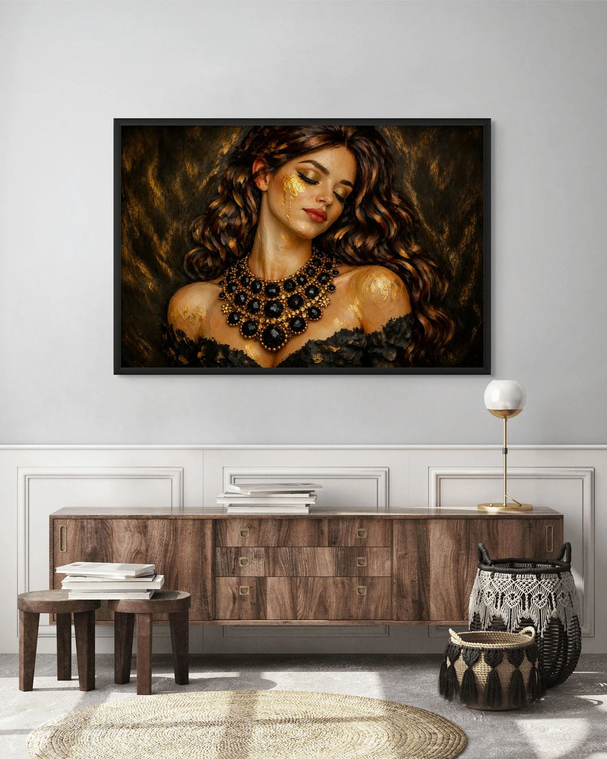 Luxury gold leaf original painting in black frame displayed above credenza, designed for modern living room and entryway interiors
