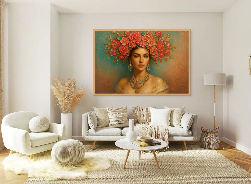 Rose Diadem fine art print – floral couture portrait with teal accents and dramatic florals.