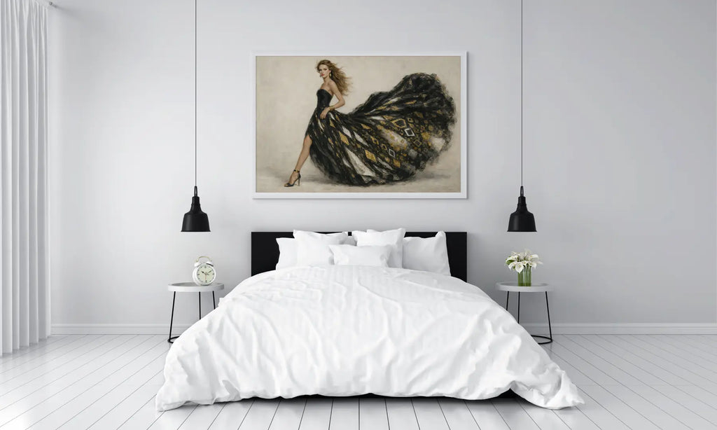 Luxury gold leaf wall art above bed featuring a woman in a flowing black and gold gown in a modern minimalist bedroom