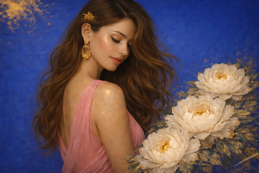Luxury gold leaf original painting of a woman in a soft pink gown, turned in profile with flowing hair, surrounded by ivory peonies against a deep blue background with subtle gold accents.