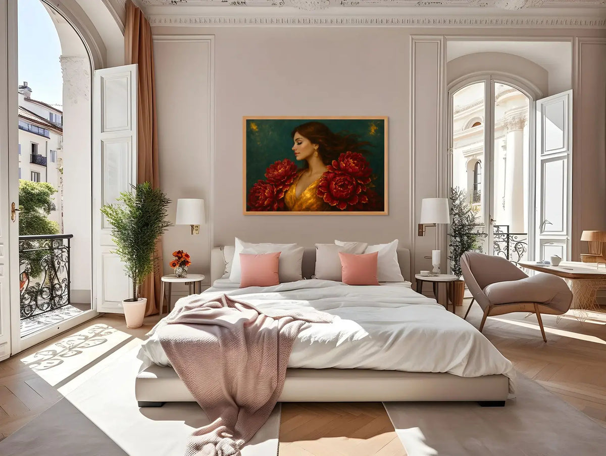 Original gold leaf painting Crimson Muse displayed in a softly styled bedroom, featuring a couture-style woman in a luminous gold dress framed by dramatic red peonies on a deep green background.