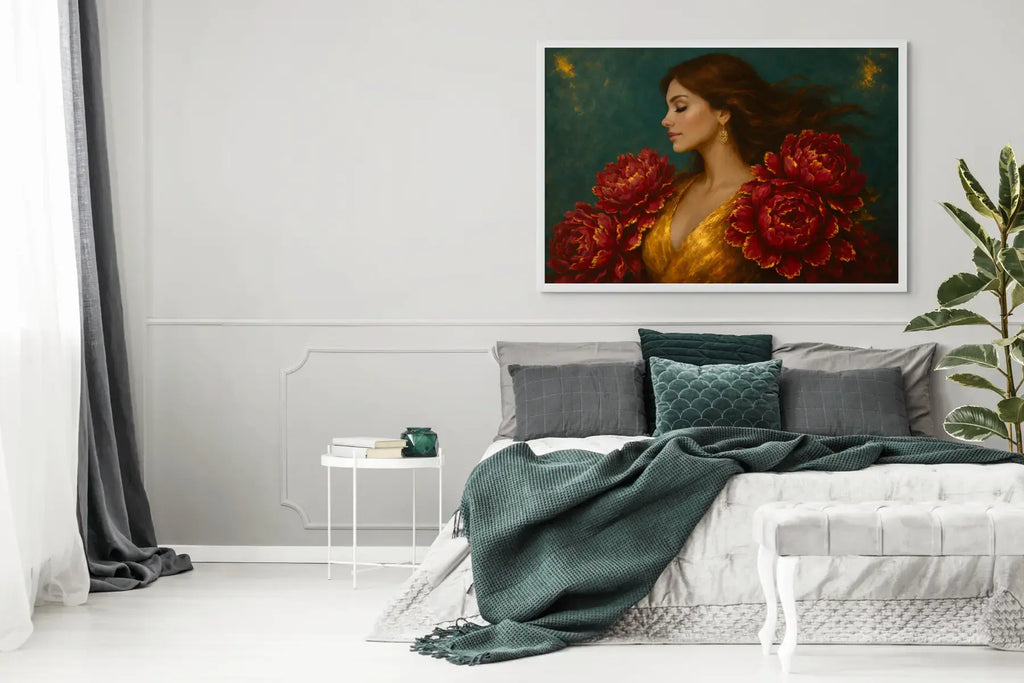 Luxury gold leaf original painting Crimson Muse displayed above a bed in a refined bedroom interior, featuring a glamorous woman in a gold gown surrounded by deep red peony florals against a rich green background.