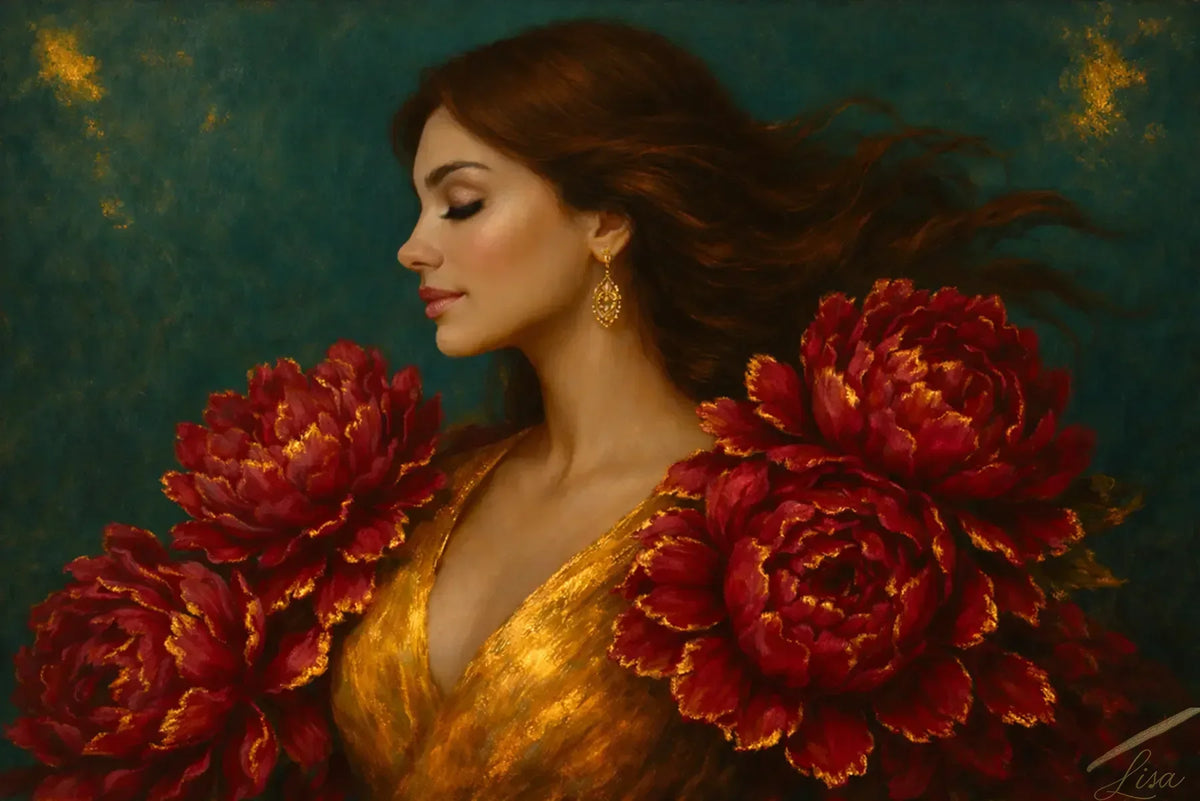 Crimson Muse original gold leaf painting depicting a poised female figure in a gold gown with expressive crimson peony florals, painterly depth, and metallic gold detailing on a rich green backdrop.