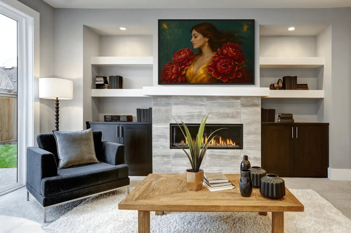Crimson Muse luxury gold leaf original painting styled in a contemporary living room, showcasing a fashion-inspired female portrait with bold crimson peonies, painterly textures, and metallic gold accents.