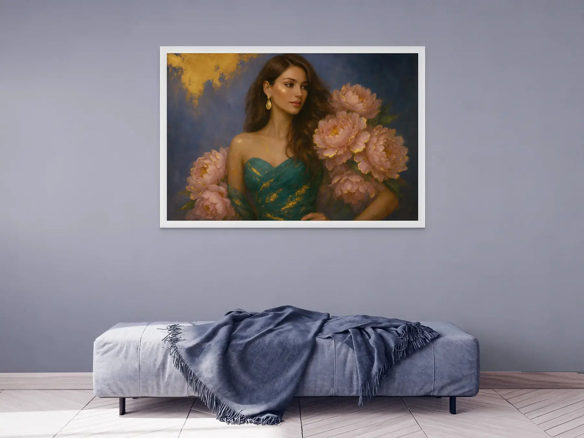 Luxury gold leaf original painting Peony Lady – Emerald Poise displayed in a white frame above a grey ottoman in a modern interior.