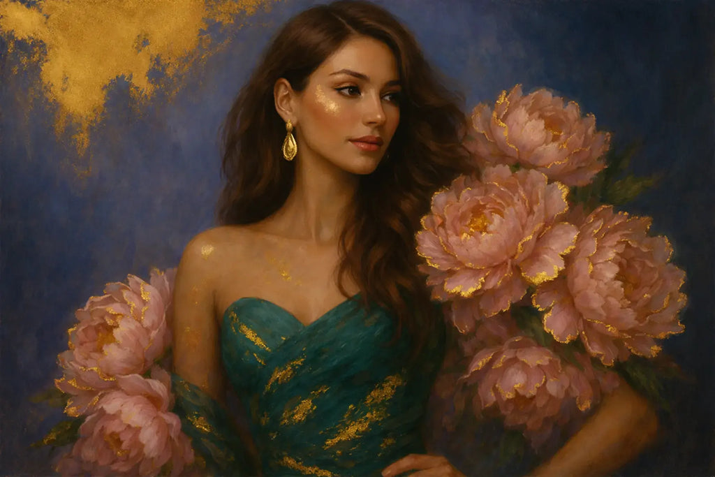 Luxury gold leaf portrait painting of a glamorous brunette woman in an emerald green gown, shown in three-quarter profile and framed by oversized blush-pink peonies. The deep blue background with scattered gold leaf accents and painterly textures creates refined statement wall art for modern interiors.