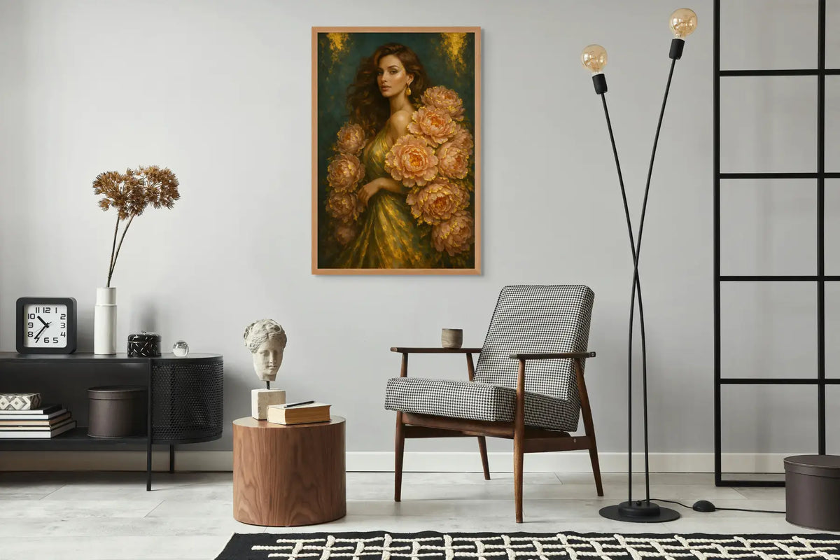Luxury gold leaf original painting “Peony Lady – Golden Stillness” styled in a modern living room above a mid-century armchair, featuring a couture-inspired female portrait with peonies and luminous gold accents.