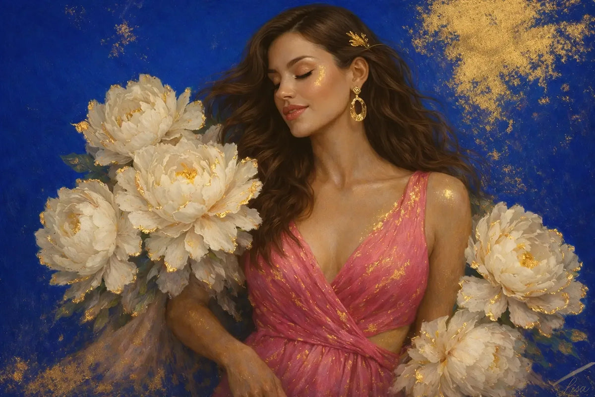 Luxury gold leaf original painting Peony Lady – Ivory Reverie diptych option, featuring a woman in a soft pink gown surrounded by ivory peonies against a deep blue background with gold accents.