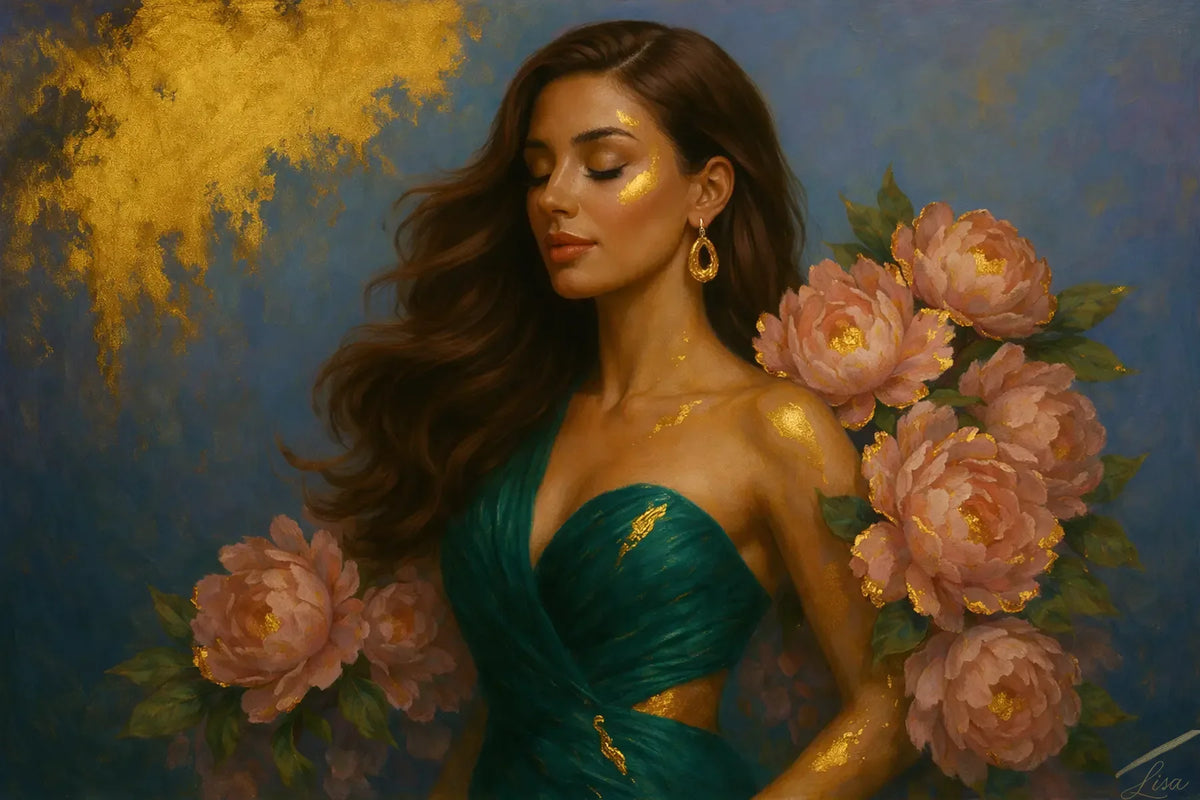 Original painting Peony Lady – Peony Grace featuring a graceful female muse in an emerald gown surrounded by blush peonies and genuine gold leaf accents against a deep blue background. A refined, feminine portrait designed as a statement artwork for luxury interiors.