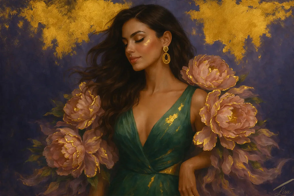 Luxury gold foil portrait painting featuring a confident brunette woman in an emerald green dress, surrounded by dramatic blush-pink peonies and textured gold leaf detailing. Her relaxed pose and flowing hair are set against a deep blue backdrop with luminous gold accents, designed as sophisticated statement wall art for contemporary living spaces.