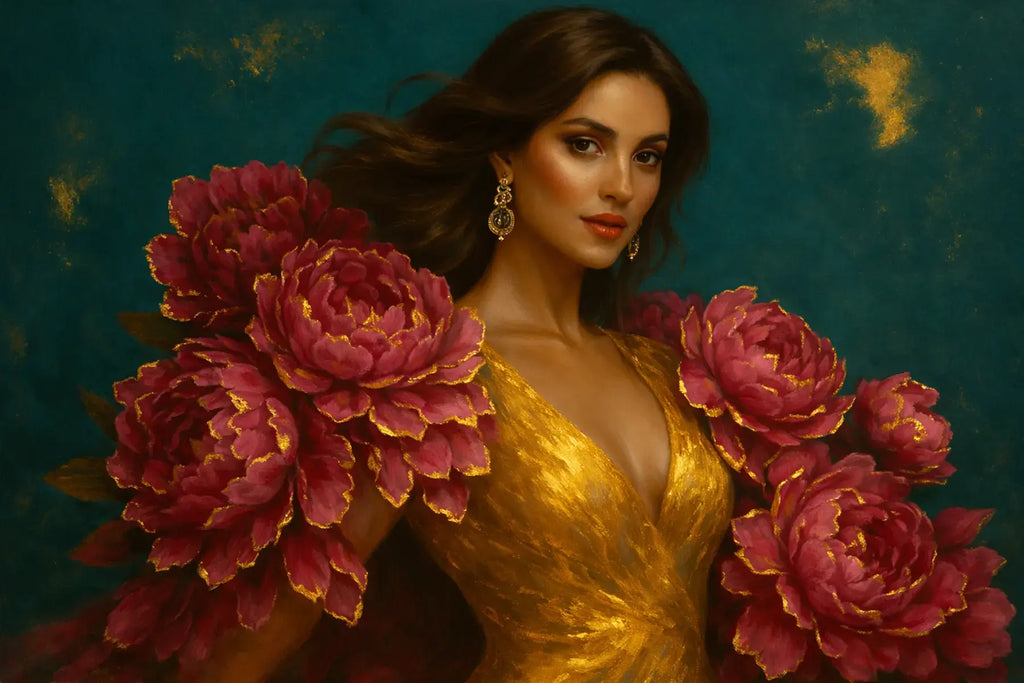 Luxury gold leaf original painting Scarlet Presence by Luxe Wall Art by Lisa, portrait of woman in gold gown surrounded by crimson peonies on deep green background
