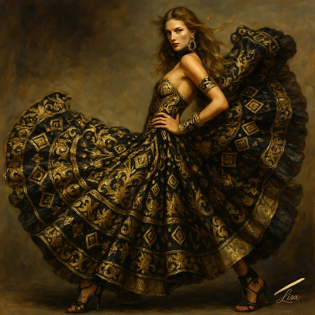 Original luxury gold leaf painting Velvet Sovereign depicting a commanding couture muse in a sweeping black and gold dress with intricate ornamental detailing.