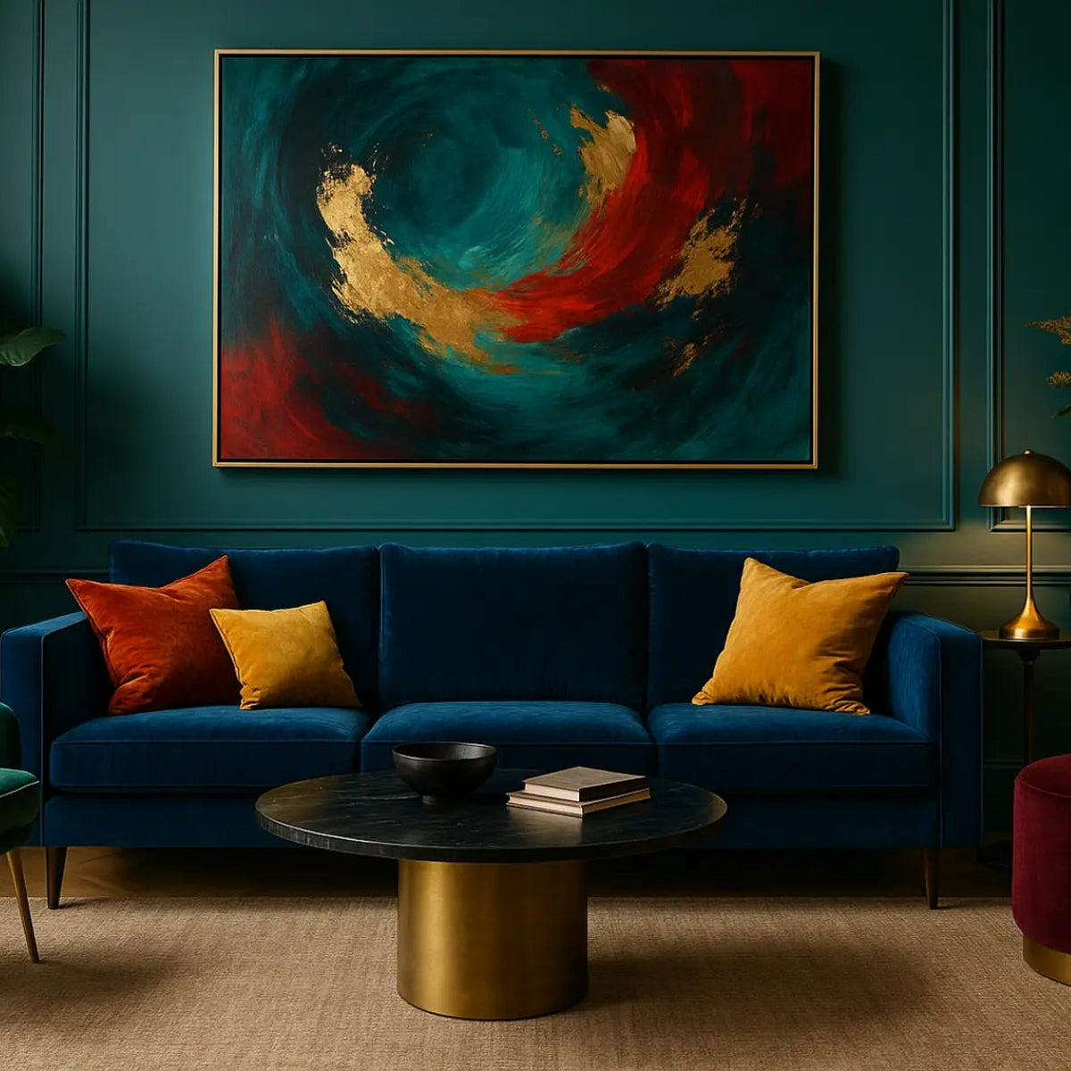 Modern living room with a blue sofa, colorful abstract painting, and gold accents.