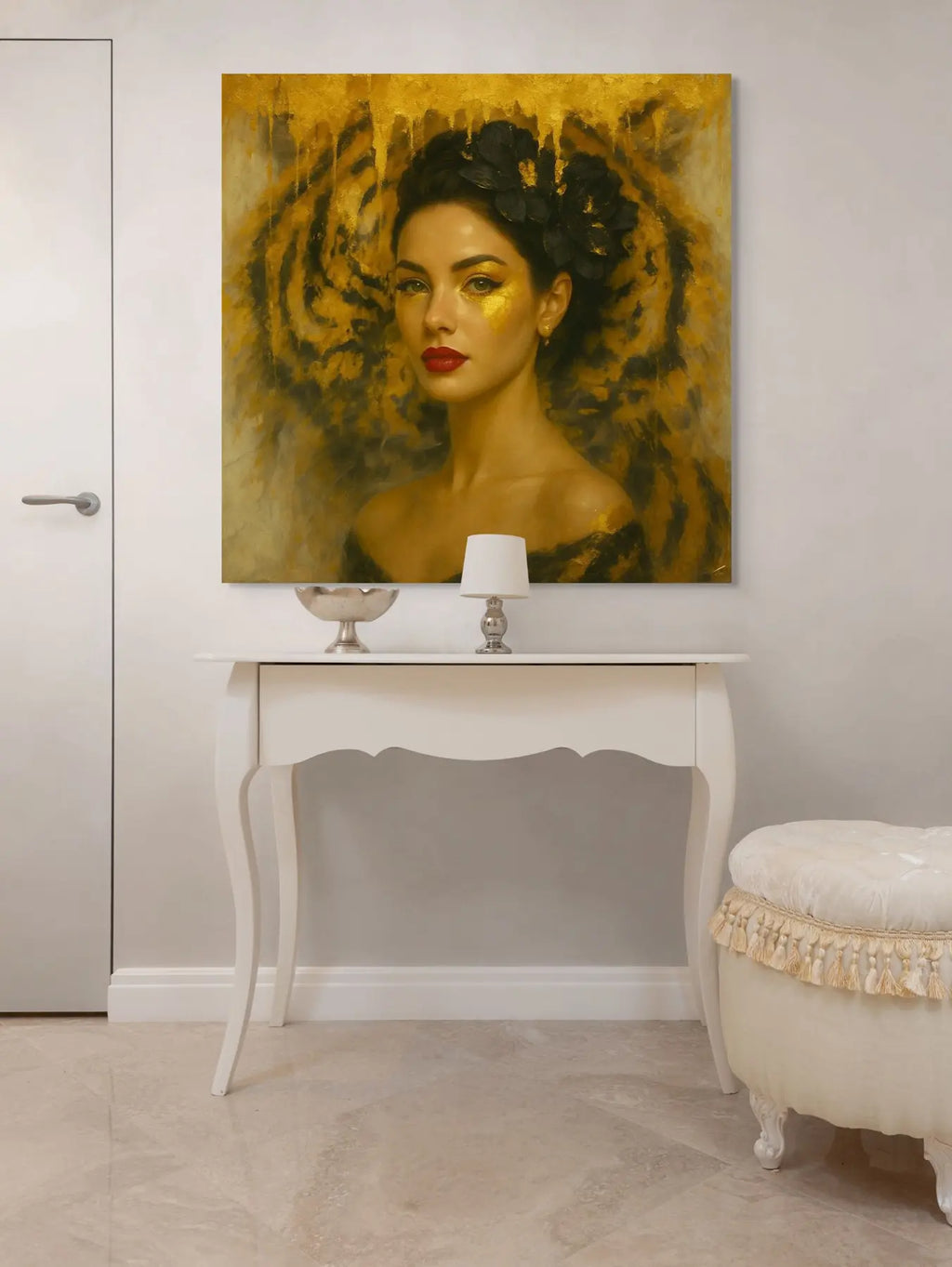 Savage Muse original painting – symbolic animal portrait with symbolic animal elements, shown in a modern hallway.
