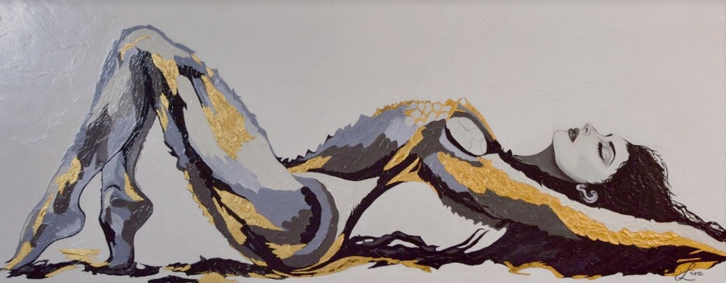 The Recline by Lisa Rees, 2026, acrylic mixed media and 23K genuine gold leaf on canvas