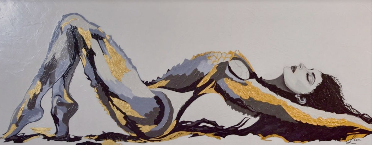 The Recline by Lisa Rees, 2026, acrylic mixed media and 23K genuine gold leaf on canvas