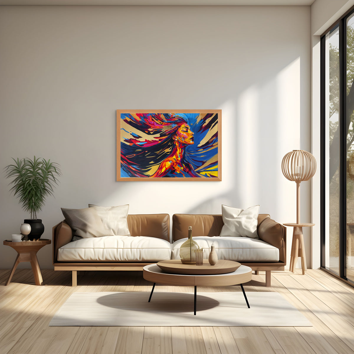 Unapologetically Alive gold leaf painting styled in an oak frame above a contemporary lounge, adding warmth and colour to the space.