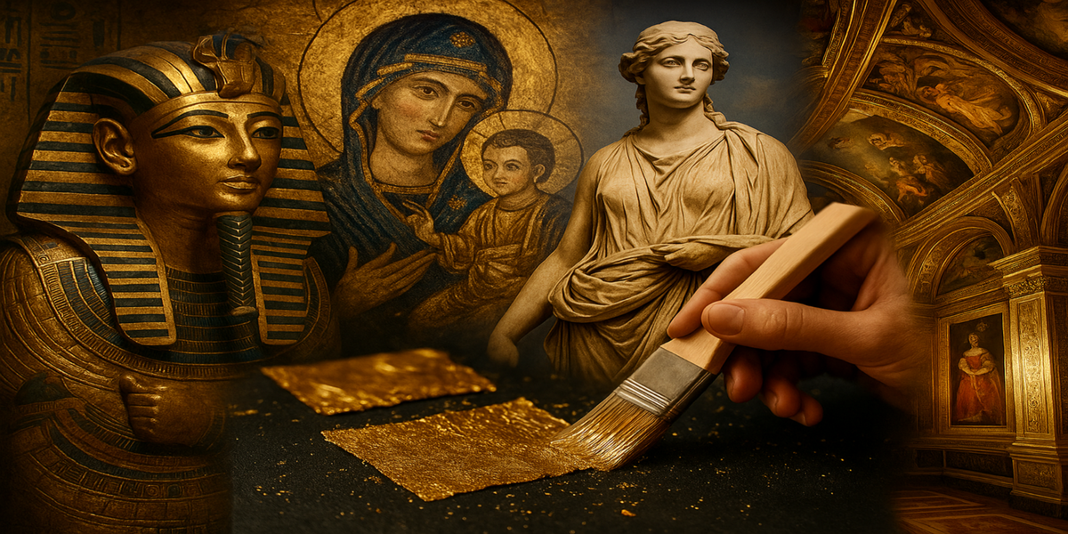 Hero banner showing a visual collage of historical gold leaf art: Egyptian sarcophagus, Byzantine religious icon, classical Greek sculpture, and hand applying imitation gold leaf with a brush — representing the evolution of gilding from ancient history to modern luxury wall art.