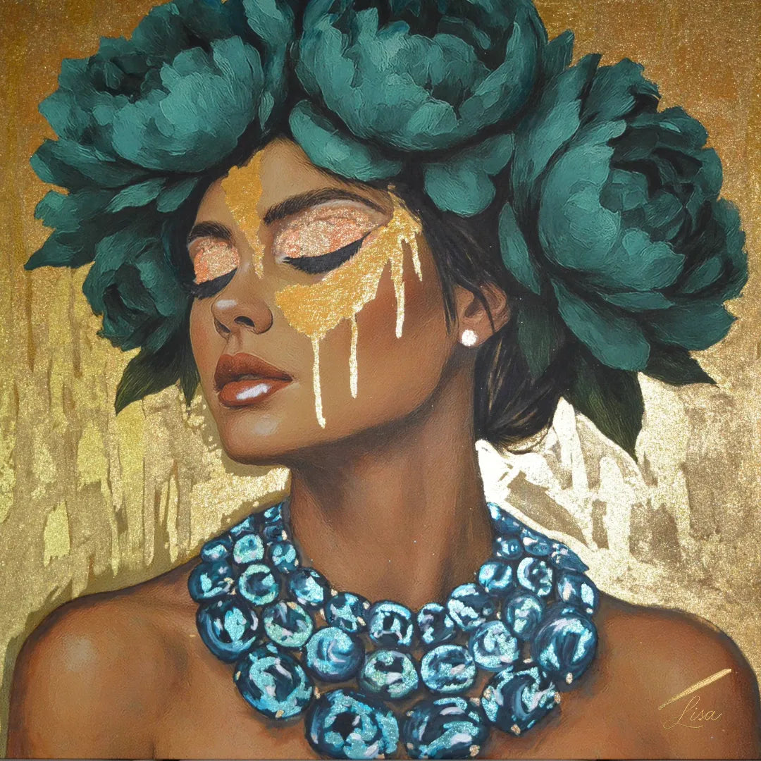 Azulina Glow original gold leaf foil painting with teal floral headpiece couture portrait.