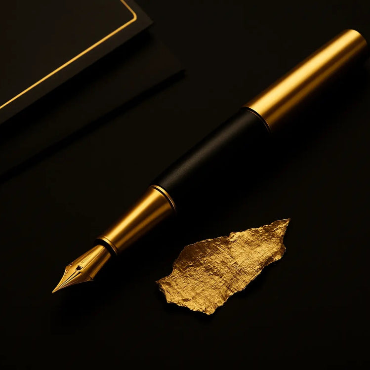 Gold fountain pen and gold leaf on a black background used in Luxe Wall Art by Lisa studio.