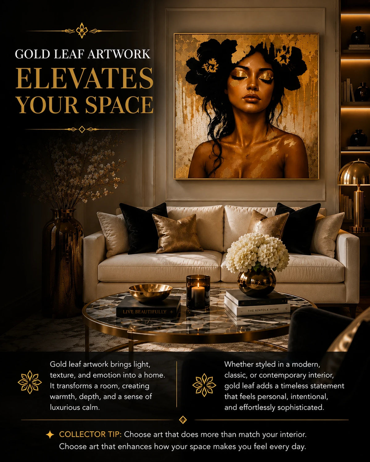 Luxury living room with a gold leaf portrait artwork above a cream sofa, showing how gold leaf artwork can elevate an interior space.