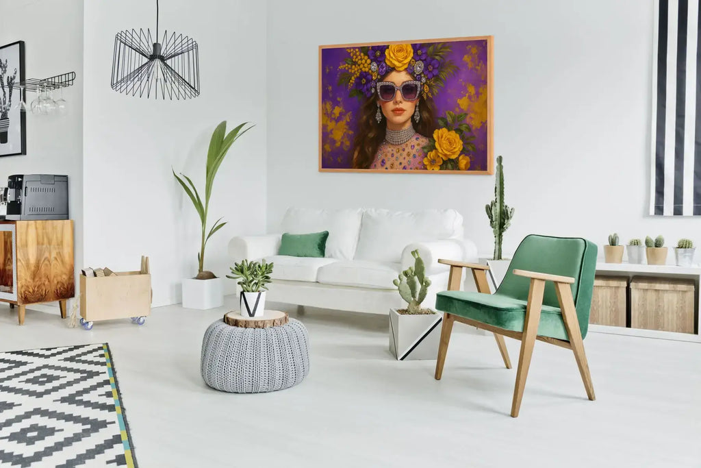 Amethyst Muse fine art print – couture portrait with surreal symbolism, shown in a modern lounge room.