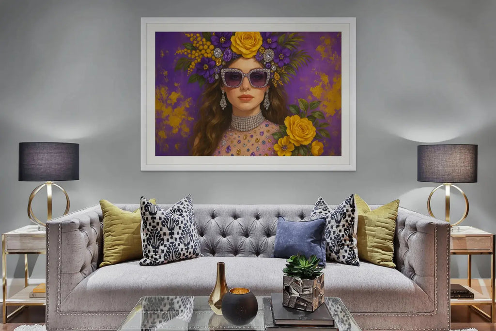 Amethyst Muse fine art print – couture portrait with surreal symbolism, shown in a modern lounge room.