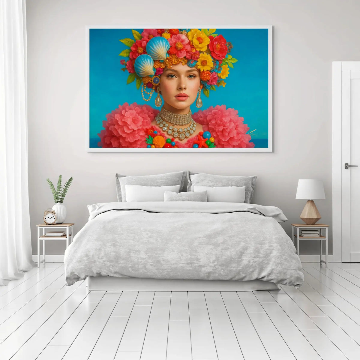Azure Bloom Royale original painting – couture floral artwork with gold leaf detailing, shown in a modern bedroom.