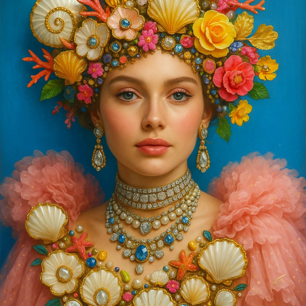 Coral Sonata - a luxury fine art print of a couture portrait adorned with a colourful headdress, jewellery, and floral decorations against a blue background. 