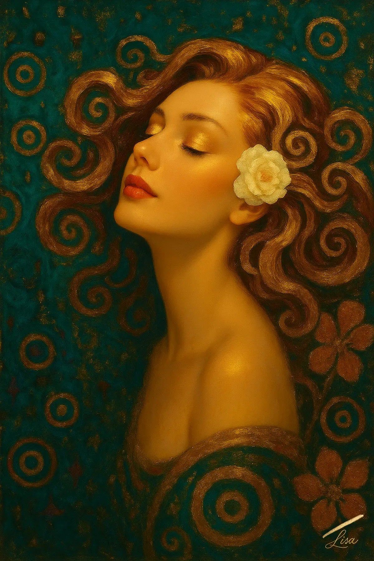 Gardenia Reverie luxury fine art print of an artistic surreal fashion portrait of a woman with a flower in her hair against a decorative teal background. 