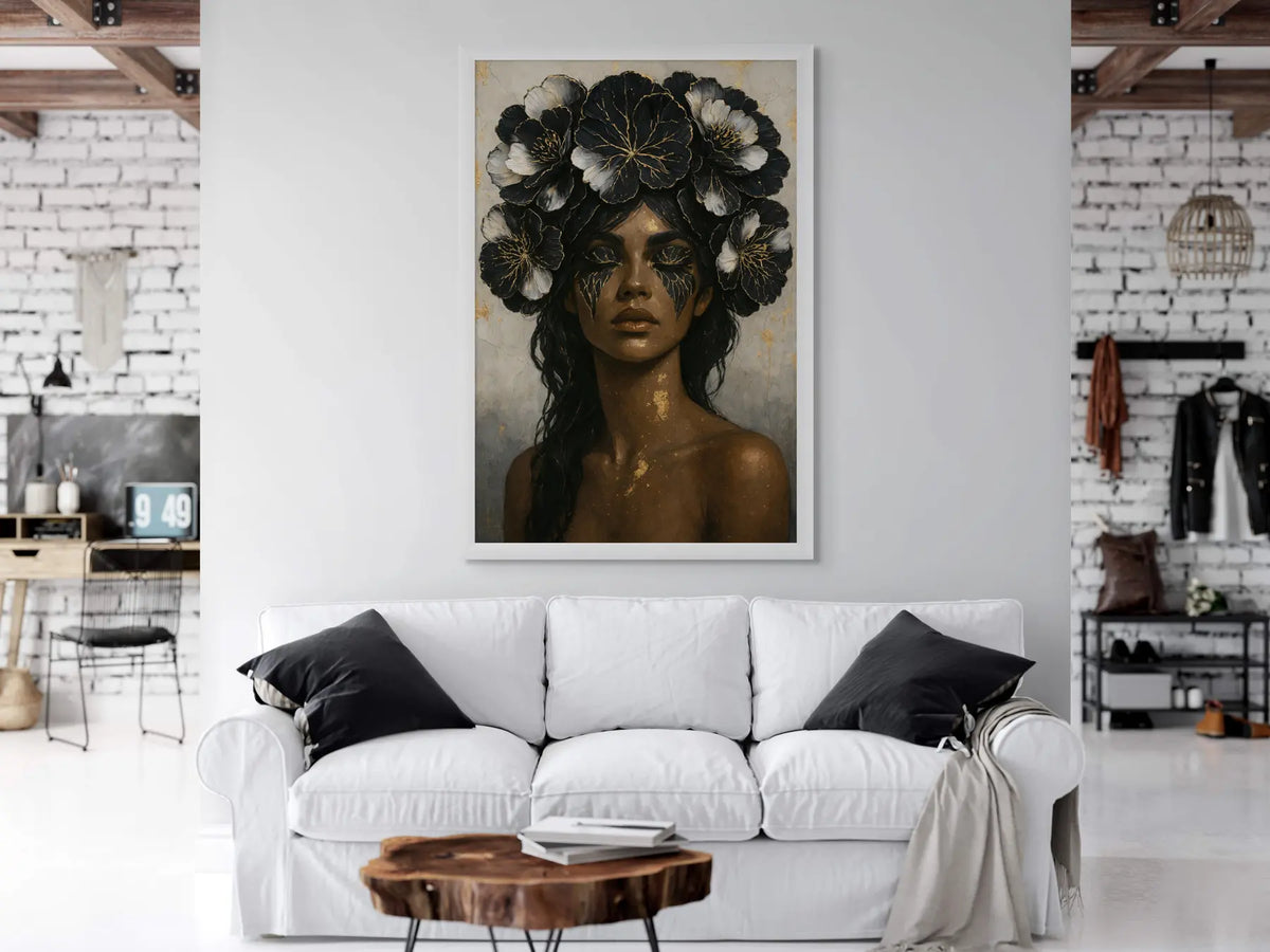Dark floral portrait artwork displayed above white sofa in a bright modern living room