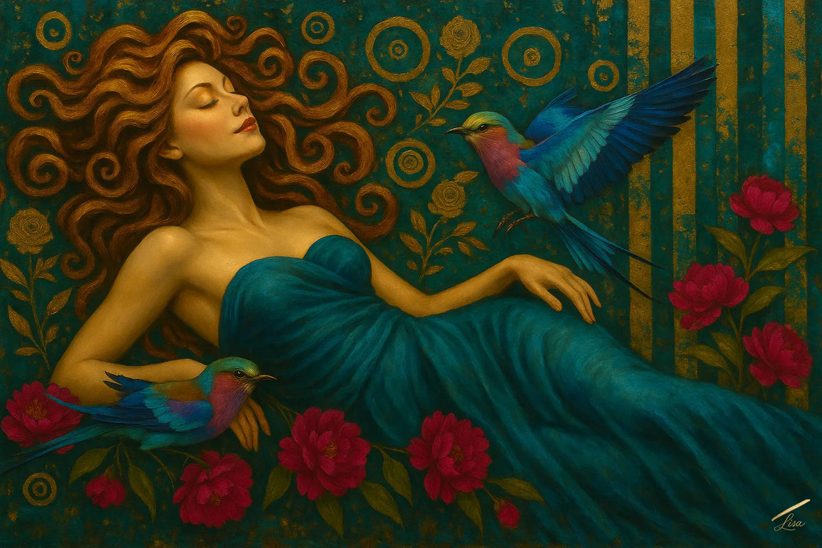 Serenade Teal fine art print of a woman in a blue dress with birds and flowers on a decorative teal and dramatic floral background. 
