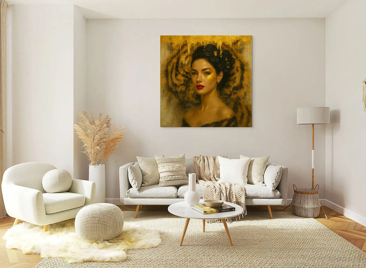 Savage Muse original painting – symbolic animal portrait with symbolic animal elements, shown in a modern lounge room.