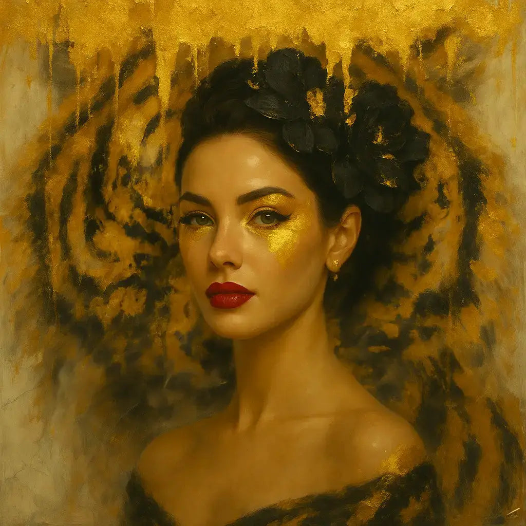 Woman with gold foil accents and red lipstick against a tiger and abstract background