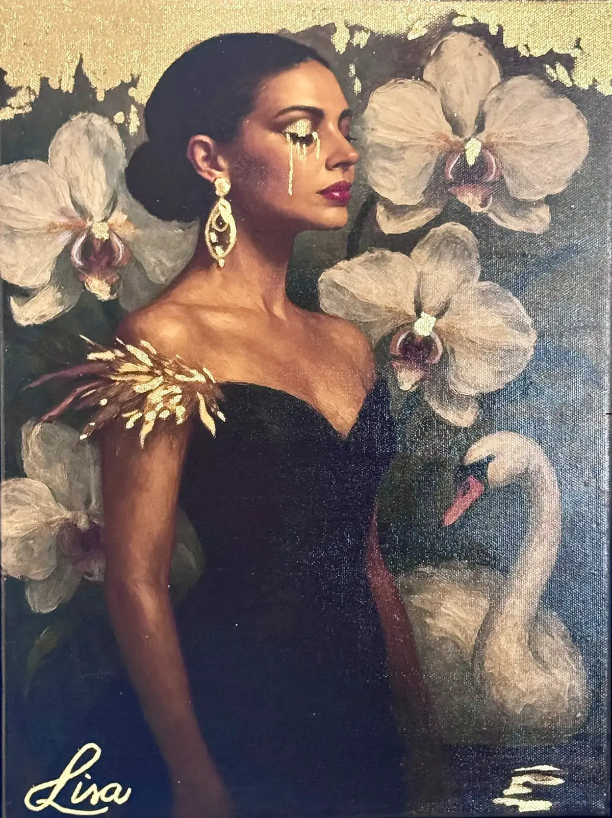 Golden Elegance original painting – floral couture portrait with gold leaf detailing and dramatic florals.