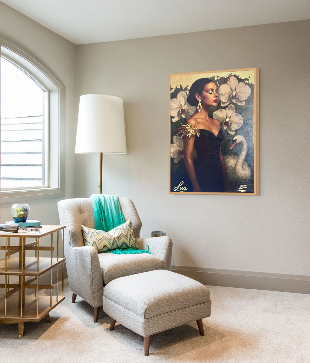 Golden Elegance original painting – floral couture portrait with gold leaf detailing, shown in a modern lounge room.
