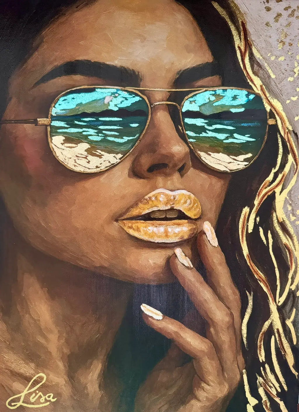 Glamorous portrait of a woman with golden lips, nails and metallic highlights wearing reflective gold aviator sunglasses that reveal a turquoise ocean horizon; modern painterly finish with luminous gold leaf accents.
