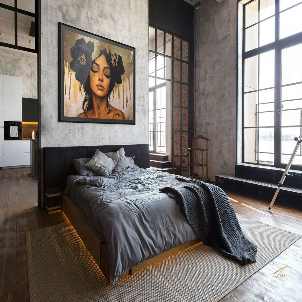 Golden Veil original painting – couture portrait with luxe detailing.