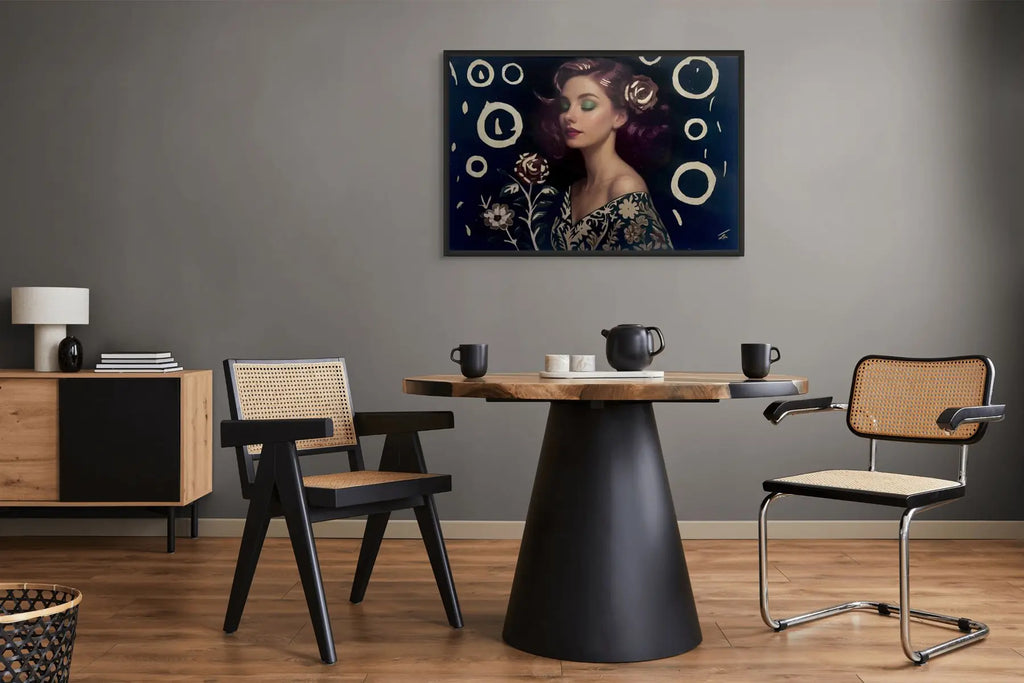 Orbiting Rose original painting – floral couture portrait with gold leaf detailing, shown in a modern dining room.