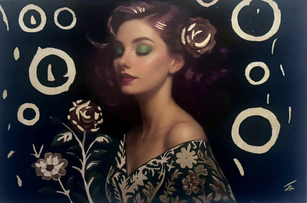 Orbiting Rose original painting – floral couture portrait with gold leaf detailing and teal accents.