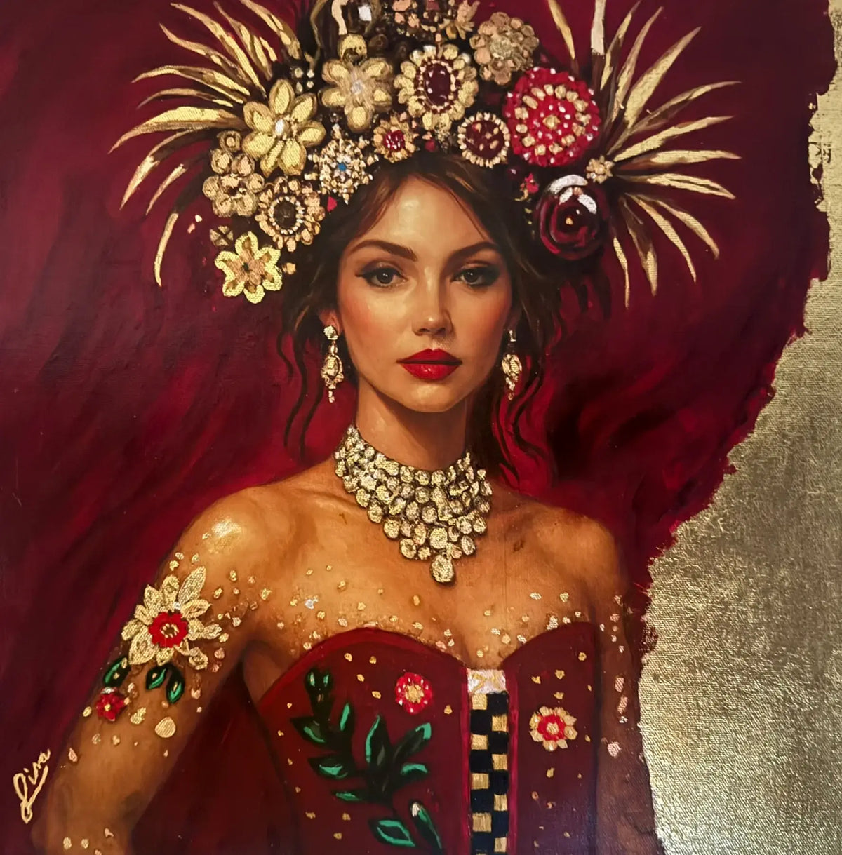 Original contemporary portrait painting of a woman with an ornate red and gold floral headpiece, jewelled corset, and luminous skin tones, featuring rich scarlet hues and gold leaf detailing.