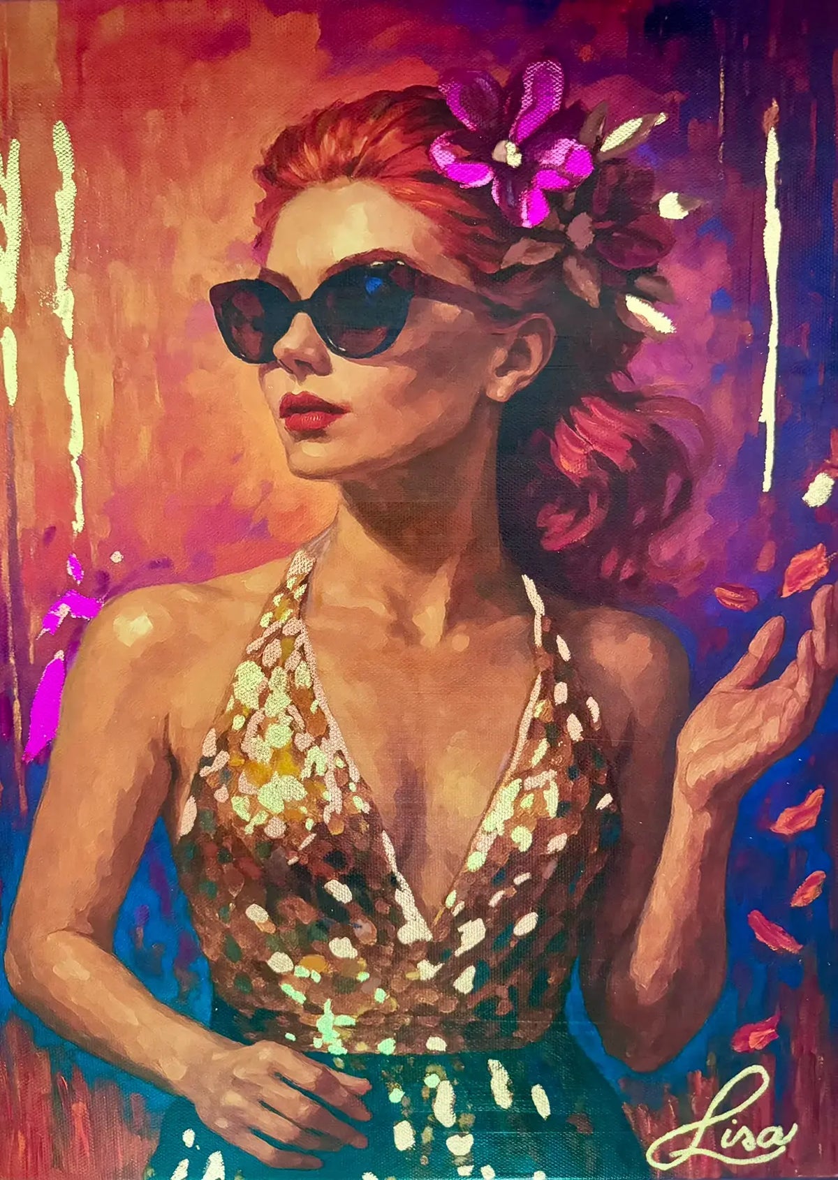 Solar Radiance original painting – floral couture portrait with gold leaf detailing and teal accents.