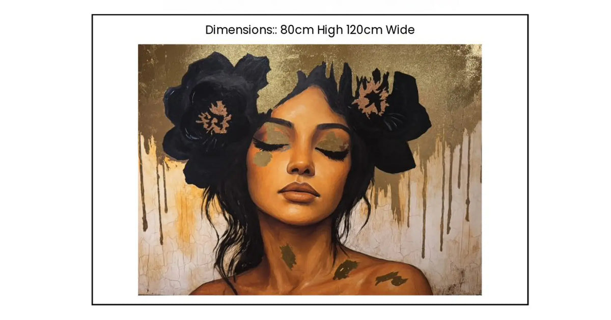 Golden Veil original luxury portrait painting a woman with bronze flowers in her hair on a textured gold leaf foil background.