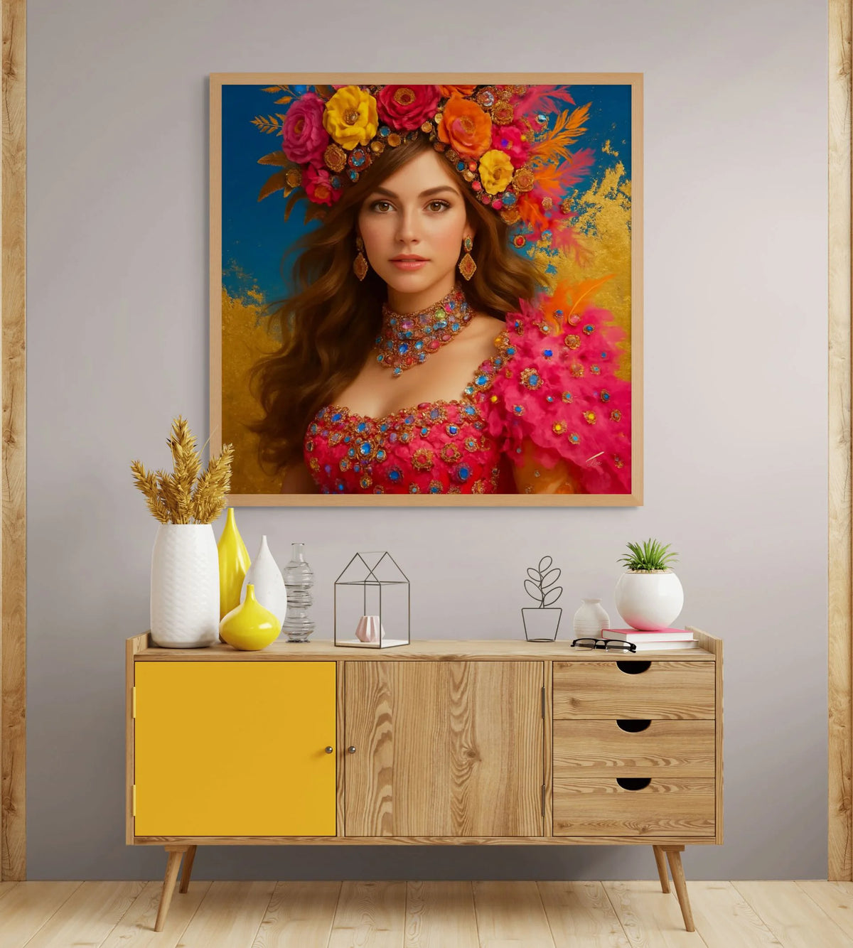 Aurora Adorné original painting – couture portrait with gold leaf detailing.