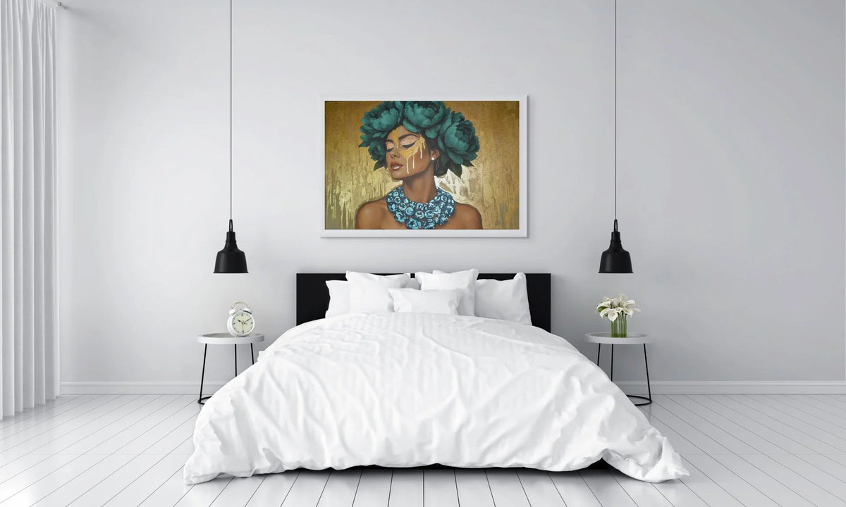 Azulina Glow original painting – floral couture portrait with gold leaf detailing and teal accents.