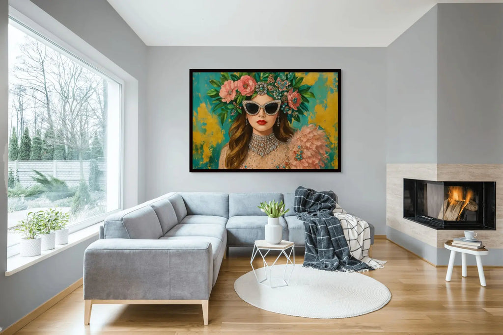 Couture Mirage original painting – couture portrait with gold leaf detailing, shown in a modern lounge room.