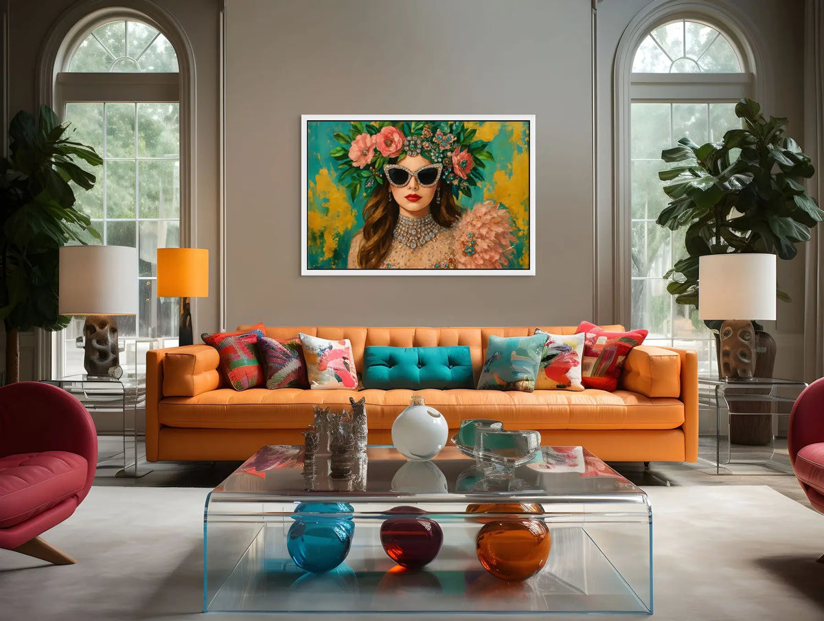 Couture Mirage original painting – couture portrait with gold leaf detailing, shown in a modern lounge room.