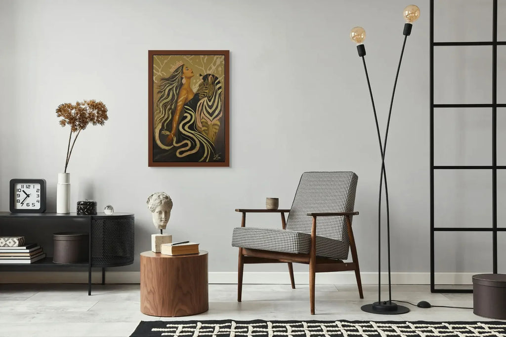 Modern living room with a chair, floor lamp, and an original gold leaf painting styled in the contemporary apartment living space.